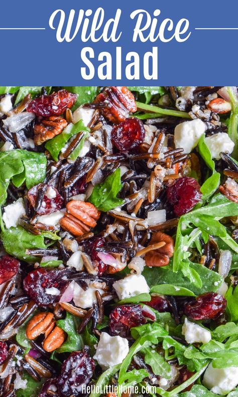 Looking for Wild Rice Recipes and Ideas? Then you’re going to love this Easy Wild Rice Salad! Learn how to make the BEST Wild Rice Salad with simple, healthy ingredients: Rice, Cranberries, Feta, Pecans (or Walnuts), Arugula, and a tasty Maple Vinaigrette Dressing. This savory Wild Rice Salad can be served warm or cold, and it’s perfect for all your fall, winter, and holiday meals, like Thanksgiving and Christmas. An easy to customize Vegetarian Recipe that everyone loves! | Hello Little Home Cold Wild Rice Salad Recipes, Wild Rice Salad Recipe Cold, Best Rice Salad Recipe, Maple Vinaigrette Dressing, Rice Salad Dressing, Wild Rice Salad Recipe, Beet Salad With Feta, Creamy Wild Rice Soup, Health Lunch