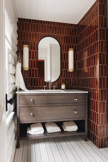 Log Cabin Bathroom, Jean Stoffer Design, 48" Vanity, Cozy Log Cabin, Cabin Bathrooms, Ann Sacks, Single Sink Vanity, Log Cabin Homes, House Tiles