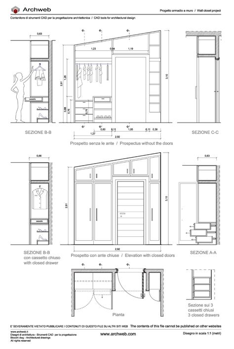 Construction of a built-in wardrobe Wardrobe Detail Drawing, Wardrobe Section, Hall Wardrobe, Details Drawing, Wardrobe Wall, Detail Drawing, Dressing Room Closet, Plans Architecture, Joinery Details