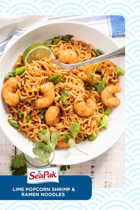 Feeling nostalgic for dorm room ramen? Try this recipe featuring Crispy Popcorn Shrimp and a zesty sauce instead. Seapak Popcorn Shrimp Recipes, Shrimp And Ramen, Shrimp Ramen Noodles, Popcorn Shrimp Recipe, Lime Popcorn, Food Entrees, Shrimp Ramen, Recipes Seafood, Popcorn Shrimp