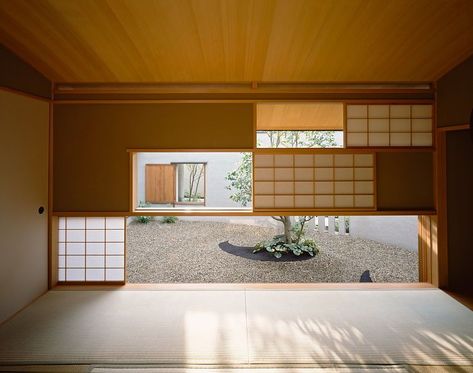 Garden, House in Mihara | Mihara, Kanto, Japan • Kihara Chitoshi (architect)  Kihara and Aoki Yasujirou (garden designer).  The view of the garden - from the traditional tea ceremony room (or chashitsu) of a modern Japanese home in Mihara, Kanto (south of Osaka) - with the curved-wall is precisely controlled by means of sliding shoji screens, where one is deliberately never able to see a full view of the single camellia (Camellia wabisuke) outside. Japan House Design Modern, Japanese Window Design, Modern Japanese Homes, Modern Japanese Garden, Japanese Traditional Architecture, Modern Japanese House, Modern Japanese Interior, Japanese Tea House, Architecture Portfolio Design