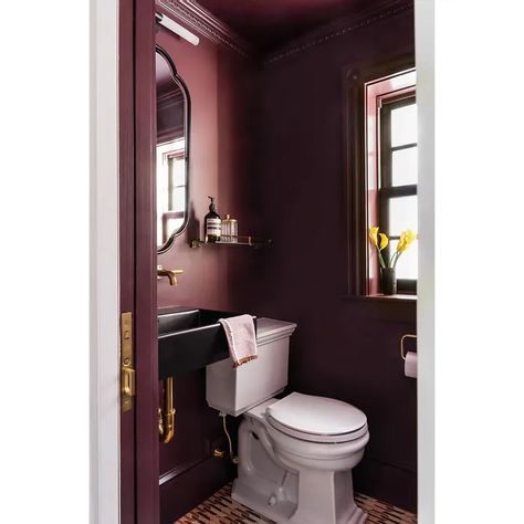 Farrow and Ball Brinjal 222 bathroom Farrow And Ball Brinjal Bathroom, Red Downstairs Toilet, Eggplant Powder Room, Farrow And Ball Burgundy, Plum Powder Room, Purple Bathrooms Ideas, Dark Red Powder Room, Dark Plum Bathroom, Dark Purple Powder Room