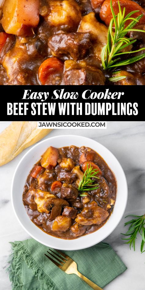 This comforting, meaty and flavorful Beef and Dumpling Stew in the Slow Cooker takes a small amount of prep before it cooks to perfection in the crockpot. The dumplings are made with store bought biscuit dough for an easy, homestyle dish that's sure to satisfy! Dumplings Crockpot, Beef Stew And Dumplings, Dumpling Stew, Stew With Dumplings, Crockpot Beef Stew, Beef Stew With Dumplings, Beef Dumplings, Stew And Dumplings, Crockpot Recipes Beef Stew