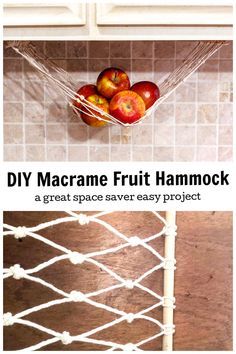 Make an under the cabinet macrame hammock for fruits and vegetables to save space and to have a sheltered spot away from the sun for your produce. Diy Produce Hammock, Vegetable Hammock Diy, Macrame Under Cabinet Fruit Hammock, Vegetable Holder For Kitchen, Macrame Produce Hammock, Crochet Produce Hammock, Diy Fruit Hammock, Macrame Vegetable Hanger, Macrame Fruit Hammock Diy