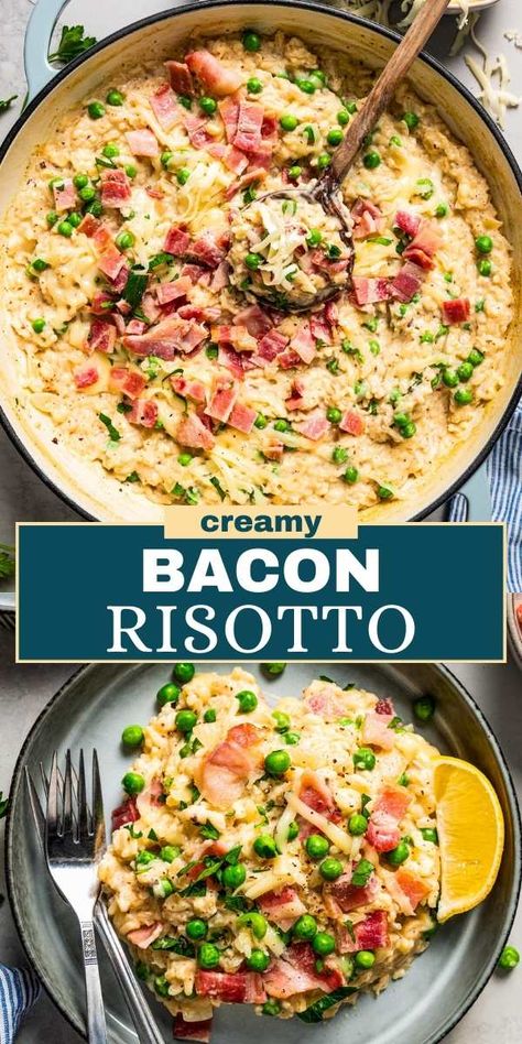 Microwave Chicken Recipes, Steam Chicken Recipe, Bacon Risotto, Pea Risotto, Risotto Recipes Easy, Risotto Dishes, Risotto Recipe, Fried Shallots, Roast Chicken Recipes