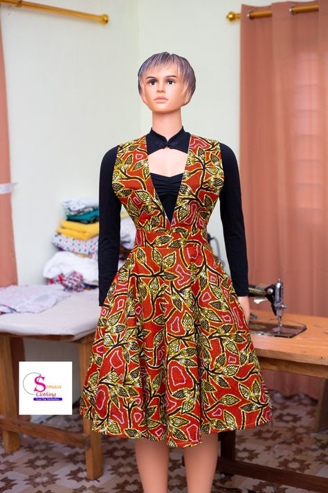 Pinafore for ladies by Semasa Clothing. 0243742208 Ankara Pinafore Styles For Ladies, Godly Captions, Ankara Top Styles, Collar Outfits, Agbada Design, Lace Dress Classy, African Print Dress Ankara, Short African Dresses, African Lace Dresses