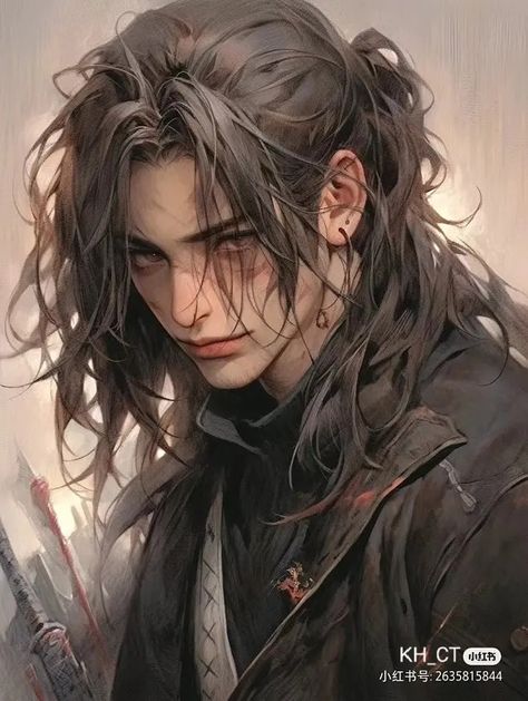 Long Brown Hair Guy Art, Fantasy Male Long Hair, Pretty Male Oc, Brown Hair Anime Man, Long Brown Hair Men, Long Hair Anime Men, Character Design Male Reference, Long Hair Male Character Design, Brown Hair Green Eyes