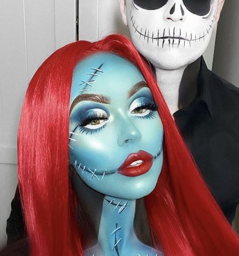 The Nightmare Before Christmas Sally Makeup, Jack And Sally Face Paint, Movie Character Makeup Ideas, Nightmare Before Christmas Makeup Ideas, Sally Nbc Makeup, Sally Nightmare Before Christmas Makeup Easy, Jack And Sally Makeup, Cool Halloween Makeup Creative, Character Halloween Makeup