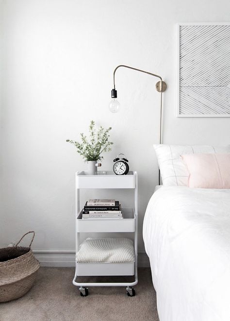 31 Creative Ikea Raskog Trolley Uses For Your Home - Simplify Create Inspire Minimalist Apartment Decor, Ikea Raskog, Small Bedroom Storage, Bedroom Hacks, Ikea Bedroom, Minimalist Apartment, Best Ikea, Decor Minimalist, Apartment Inspiration