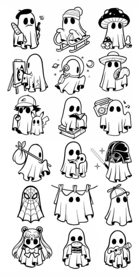 Cute Tattoos Halloween, Easy Mini Sketches, Halloween Aesthetic Tattoo, Pizza Skull Tattoo, Space Ghost Tattoo, Cute Skeleton Doodle, Cute Halloween Flash Tattoo, Mini Halloween Drawings, Small Halloween Doodles