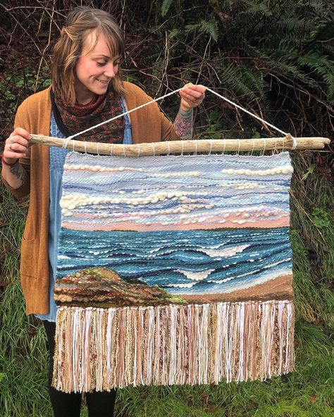 Wild Home Workshop on Instagram: “Pals, I had to keep this piece a secret for SO LONG! Commissioned over two months ago, and gifted just the other day, this large piece…” Woven Tapestry Art, Tapestry Loom Weaving, Ocean Tapestry, Art Yarn Weaving, Basket Weaving Diy, Tapestry Loom, Roving Wool, Weaving Loom Diy, Handwoven Tapestry