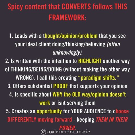 This is why your spicy 🌶️ content gets CLAPS & not CONVERSION. There’s a BIG difference between content that you post just to… ⛔️shock people ⛔️stand out ⛔️ruffle feathers And spicy content that’s meant offer a way to see/do things different. 👉🏼And the difference is the EMPOWERMENT part. Spicy content WITHOUT this can give off a nagging, bitchy effect. Content WITH this is still challenging, but from a more MATURE perspective. Make sense? Honestly, spicy/converting content is my mos...