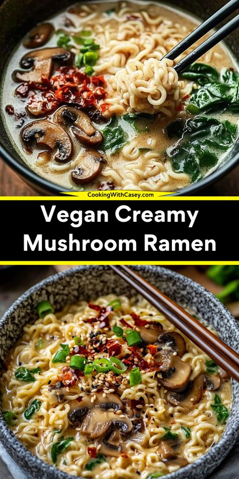 Whip up this easy Vegan Creamy Mushroom Ramen in just 15 minutes! With savory mushrooms, rich coconut milk, and tender ramen noodles, this quick and flavorful dish is perfect for lunch or dinner.  Ingredients: 1/2 Tbsp cooking oil 4 oz baby bella mushrooms, sliced 1.5 cups vegetable broth 1 handful fresh spinach  A creamy, hearty bowl of ramen that's packed with umami flavor and perfect for a cozy meal—plus it's vegan and budget-friendly! Ramen Noodle Recipes Soup, Mushroom Ramen, Baby Bella Mushrooms, Casseroles Recipes, Dinner Ingredients, Ramen Recipe, Bowl Of Ramen, Vegan Ramen, Ramen Noodle Recipes