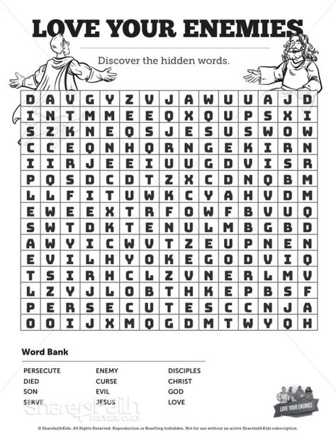 Matthew 5 Love Your Enemies Bible Word Search Puzzle Sunday School Crossword, Parable Of The Talents, Bible Word Searches, Sunday School Projects, New Testament Bible, Bible Activities For Kids, Queen Esther, Bible Study Help, Hidden Words