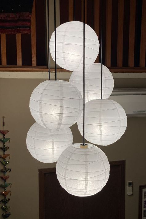 6 White 8" Rice Paper Lantern Balls attached to an existing ceiling light fixture to update home lighting. Hanging Lanterns Wedding, Paper Lantern Centerpieces, Hanging Lantern Decor, Hanging From Ceiling, Outdoor Wedding Lighting, Lantern Ceiling Lights, White Paper Lanterns, Japanese Paper Lanterns, Paper Lantern Decor