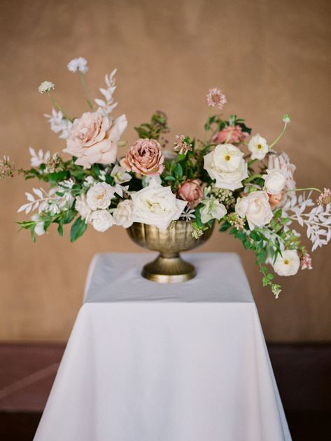 Blush Compote Centerpiece, Low Arrangement Centerpiece, Small Compote Floral Arrangement, High And Low Floral Centerpieces, Low Compote Centerpiece, Blush Centerpiece Wedding, Compote Centerpiece Wedding, Small Flower Arrangements For Tables, Compote Floral Arrangement