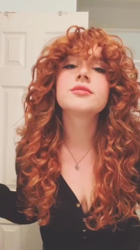 Oct 3, 2020 - Amanda Belair (@amandabelair) has created a short video on TikTok with music Paramore - All I Wanted. | My crazy curly hair tutorial #redhead #fyp #curlyhair #hairtutorial #hairtiktok #paramore | Someone asked for a hair tutorial | Part my hair/comb my bangs forward | Add curl cream/mousse | ... Perms For Thick Hair Round Faces, Curly Bangs Red Hair, Curly Red Hair With Bangs, Red Curly Hair With Bangs, Curly Hair With Fringe Bangs, Curly Fringe Bangs, Redhead Curly Hair, Curly Hair With Fringe, Curly Colored Hair