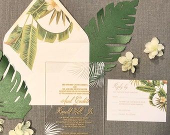 Wedding Acrylic Invitation Tropical Invitation Wedding Clear | Etsy Island Wedding Ideas, Tropical Invitations, Tropical Glam, Wedding Acrylic, Acrylic Invitation, Palm Design, Tropical Beach Wedding, Tropical Wedding Invitations, Nest Design