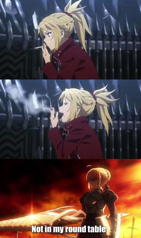 Not in my round table Fate Mordred, Fate Characters, Fate Servants, Fate Stay Night Anime, Fate Anime Series, Fate Zero, Anime Memes Funny, Stay Night, Fate Stay Night