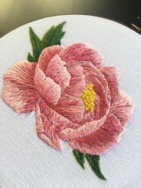 I was scared to start, but Im in love with this pretty pink peony! My favorite flower (and yours) has been lovingly needlepainted to adorn your walls and bring something bright and pretty into your life. This piece was hand embroidered with DMC cotton floss onto microbrushed Realistic Flower Embroidery, Peony Flower Embroidery, Embroidery On Pink Fabric, Peony Embroidery Pattern, Embroidered Peonies, Big Flower Embroidery, Brazilian Embroidery Patterns, Embroidered Peony, Embroidery Peony