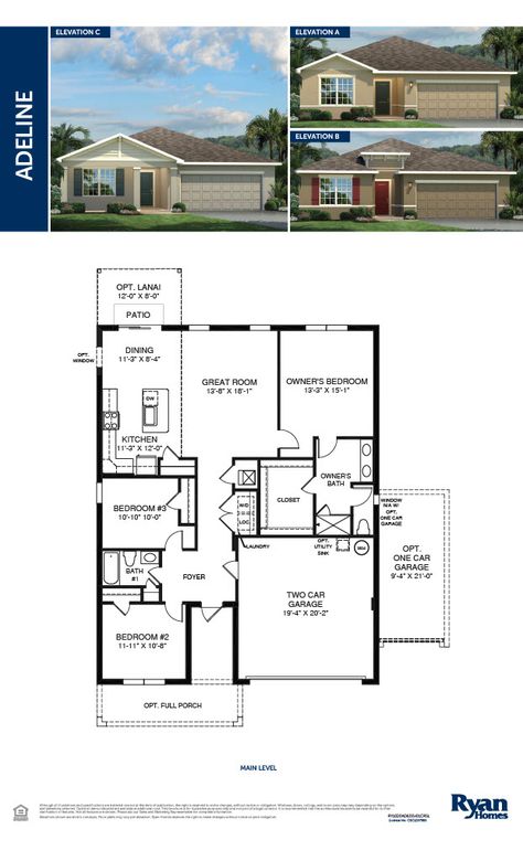 Floor Plan & Front Elevations 2023 for Ryan Homes - Adeline Model 1549 SQ FT Ryan Homes, Large Foyer, Homes Ideas, Buying A New Home, House Decorating, Front Elevation, House Layouts, New Construction, Great Rooms