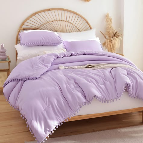 PRICES MAY VARY. FULL SIZE: Lavender purple color pom pom comforter set include 1 blue comforter (79 inches x 90 inches), 2 pillowcases (20 inches x 26 inches). SPECIAL MATERIAL & TECHNIQUE: 100% brushed microfiber and the unique stone-washed productive process make this purple color comforter set softer. The special stitching technique makes the ball tassel on the quilt durable and will not fall off easily. UNIQUE DESIGN: The purple ball poms fringe sewn on the four sides of purple bedding quil Purple Toddler Bedroom Rainbow, Gray Blue And Purple Bedding, Purple Pink And Grey Teen Bedroom, Purple Adult Bedrooms, Shabby Chic Bedrooms Purple, Shabby Chic Purple Bedroom, Farmhouse Kids Bedroom Purple, Light Purple Bedding Twin, Lilac Room Bedding