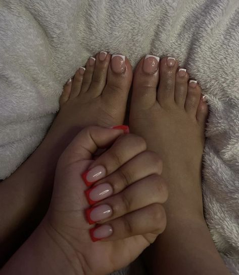 Short Red Nail Sets, Red French Tip Pedicure, Red French Tip Toe Nails, Red Toes Pedicure, Red And White French Tip Nails, Red French Tip Nails Square, French Manicure Toes, French Tip Pedicure, French Toe Nails