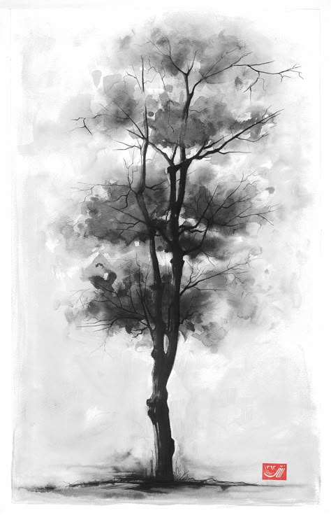 Japanese Tree Art, Landscape Pencil Drawings, Japanese Ink Painting, Japanese Tree, Arte Peculiar, Chinese Art Painting, Asian Painting, Tinta China, Charcoal Art