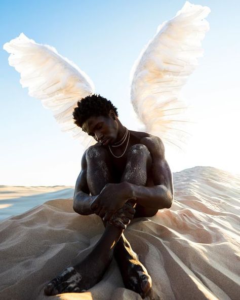 Angel Photoshoot, Greek Pantheon, Black Royalty, Greek Gods And Goddesses, Angel Man, Men Photoshoot, Black Angels, Black Art Pictures, Afro Art