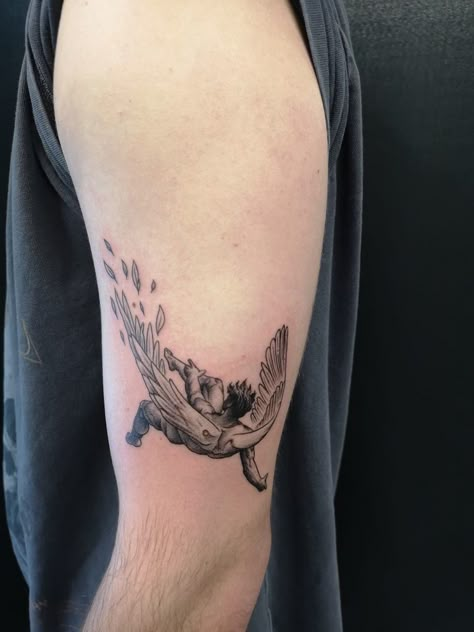 Fallen Angel tattoo by Condrea. Limited availability. Angle Tattoo, Icarus Tattoo, Tricep Tattoos, Fallen Angel Tattoo, Holy Trinity Tattoo, Trinity Tattoo, Best Tattoo Ever, Winning Tattoo, Sick Tattoo