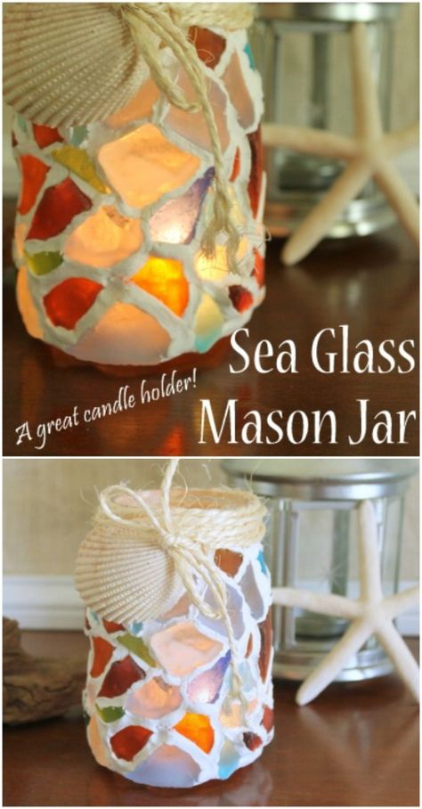 Sea Glass Mosaic Mason Jar Luminaries Mosaic Outdoor, Glass Crafts Diy, Eggshell Mosaic, Easy Mosaic, Broken Glass Crafts, Incredible Artwork, Mason Jar Luminaries, Mosaics Ideas, Sea Glass Mosaic