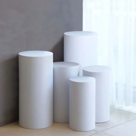 Explore our set of 5 white metal cylinder prop pedestal stands. Ideal for wedding aisle round plinth pillar display boxes. ✓ Buy now for a stunning aisle! Pedestal Display, Metal Cylinder, Event Display, Interior Design Games, Pedestal Stand, Stylish Curtains, Metal Display, Tall Candle, Peel And Stick Tile