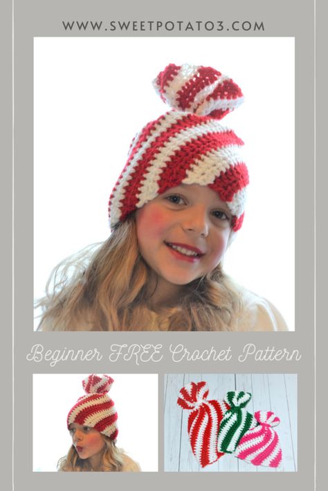 Peppermint Twist Hat - Christmas In July Free Crochet Pattern ~ Sweet Potato 3 Crochet Whoville Hat, Christmas Hat Crochet Pattern, Crochet Christmas Tree Hat, Whimsical Crochet, Crochet Santa Hat, Crochet Christmas Hats, Tree Skirt Pattern, Christmas Crochet Patterns Free, Winter Crochet