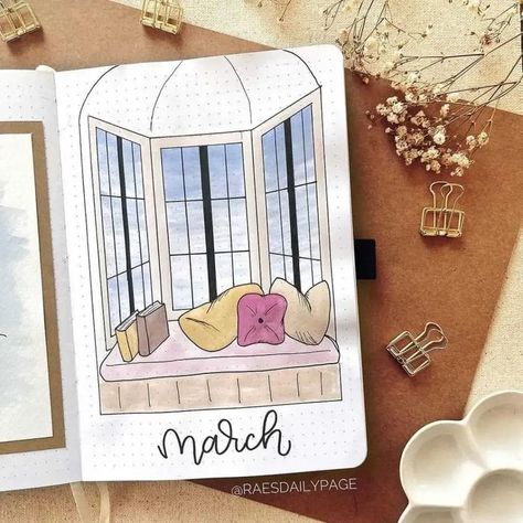 March Drawings, Reading Journal Cover Page, March Bullet Journal Cover, March Bujo, Cozy Window, Journal Cover Page, April Bullet Journal, March Bullet Journal, Bullet Journal Cover