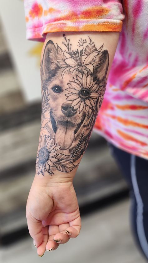 Dog Tattoo Sleeve Ideas, Flowers And Dog Tattoo, Husky Flower Tattoo, Dog Color Tattoo, Dog Floral Tattoo, Cattle Dog Tattoo, Dog And Flower Tattoo, Floral Pet Tattoo, Blue Heeler Tattoo