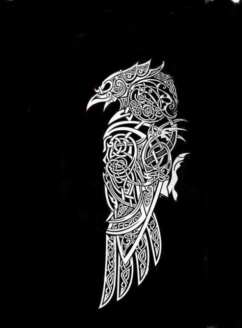 Norse Raven Art, Viking Raven Head Tattoo, Nordic Crow Tattoo, Raven Queen Tattoo, Huginn Muninn Tattoo, Norse Crow Tattoo, Celtic Raven Tattoo Design, Viking Animal Tattoo, Viking Raven Tattoo Design