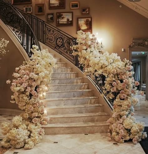 Staircase Decoration Wedding, Bride Stairs, Staircase Flowers Wedding, Bridal Staircase, Wedding Staircase Decoration, 18th Birthday Debut, Staircase Wedding, Bridal Dinner, Tropical Garden Wedding