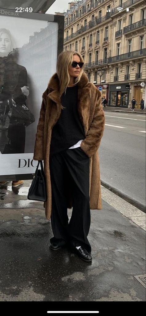 Long Fur Coat Outfit, Classy Fall Fashion, Fur Jacket Outfits, Brown Fur Coat Outfit, Casual Winter Looks, Fur Coat Street Style, Winter Outfits Nyc, Tokyo Outfits, Brown Fur Coat