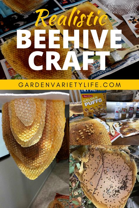 Realistic Beehive Craft – Garden Variety Bees Beehive Dramatic Play, Bubble Wrap Bee Hive, Paper Mache Bee Hive, How To Make A Bee Hive, Cardboard Beehive, How To Make A Bee Hive Craft, Bee Hive Costume, Bee Diorama, Honeycomb Craft