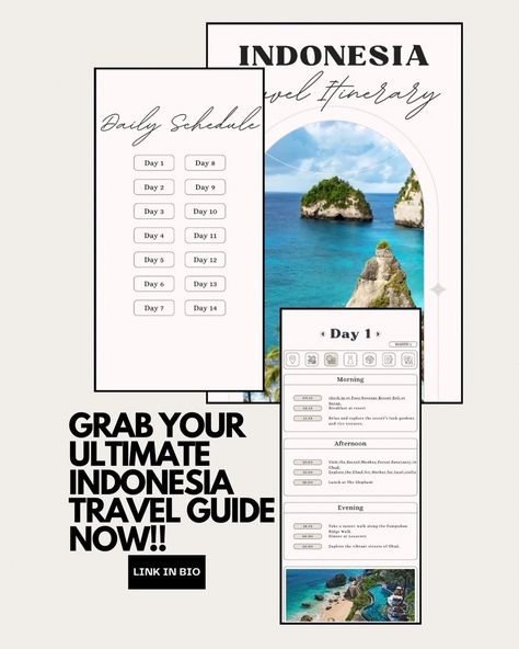 INDONESIA: 14 Day Itinerary✍️🇮🇩 Save For Later! 2 weeks and 4 destinations in INDONESIA! Follow @explorewithmairy for more travel content everyday! Grab the ultimate INDONESIA travel guide, linked in bio🔗 #beachvibes #vacation #islandlife #turquoisewater #beautifulhotels #placestostay #hotelsofinstagram #besthotelsintheworld #honeymoondestinations #beachandresorts #hotelview #placestovisit #traveldestinations #balitravel #indonesiatravel Travel Content, Daily Schedule, Bali Travel, Beautiful Hotels, Save For Later, Honeymoon Destinations, Turquoise Water, Island Life, Travel Lifestyle