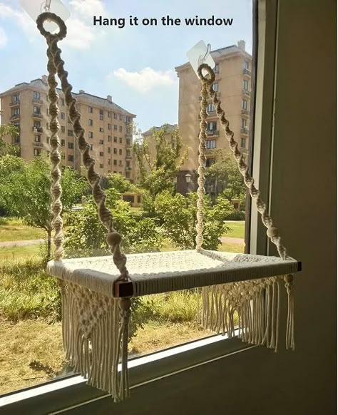 Diy Cat Hammock, Macrame Furniture, Bed Boho, Cat Wall Hanging, Cat Window Hammock, Macrame Cat Hammock, Diy Cat Bed, Hanging House, Macrame Hammock