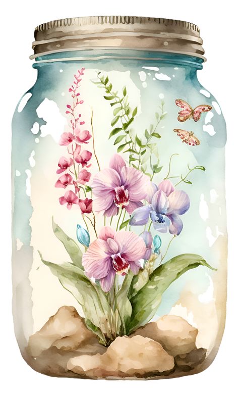 Watercolor Art Images, Jar Art Drawing, Cool Watercolor Art, Flower In Jar, Jar Drawing, Jar Of Flowers, Black And White Clipart, Shabby Chic Colors, Flowers In Jars