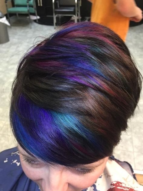 Oil slick pixie by Victoria Sylvis Mickle #hairideas #hairstyles Oil Slick Short Hair, Peekaboo Hair Color Pixie, Short Oil Slick Hair, Oil Slick Hair Color Short, Short Hair Color Ideas Pixies, Colored Pixie Hair, Galaxy Hair Color Short, Pixie Haircolor Ideas, Rainbow Pixie Hair