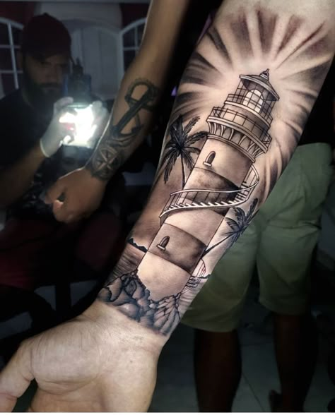 Lighthouse Tattoo Ideas, Lighthouse Tattoos, Nautical Sleeve, Nautical Tattoo Sleeve, Tricep Tattoos, Tattoo Homme, Lettering Tattoos, Shin Tattoo, Pumpkin Tattoo