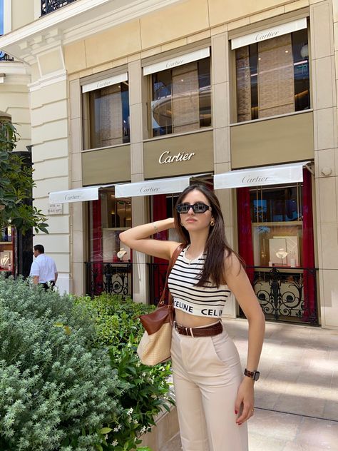 Aesthetic neutral elegant look. Celine top and versace sunglasses in Cartier. Monaco monte-Carlo. Aesthetics Celine Tank Top, Celine Top Outfit, Feminine Street Style, Celine Top, Top Ootd, Outfit Inspo Aesthetic, Summer Ootd, Style 2023, Top Outfit