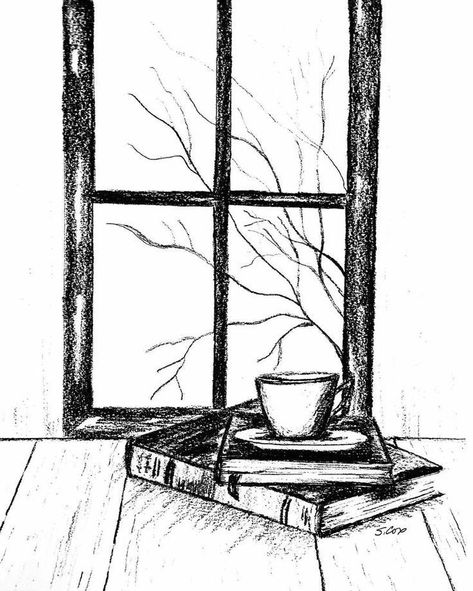 Still Life Pencil Drawing, Still Life Pencil, Coffee Black And White, Drawing Coffee, Life Sketch, Drawings Tutorials, Graphite Art, Window Drawing, Pencil Drawing Tutorials