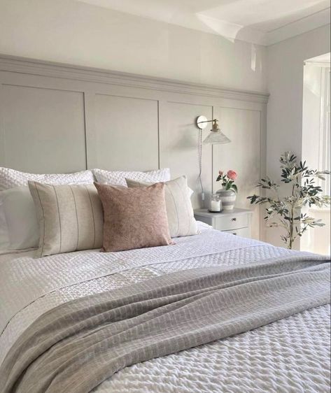 Panelling On Bedroom Wall, Grey And White Bedroom With Panelling, Neutral Bedroom Panelling Wall, Grey Bedroom Panelling, Elephants Breath Panelling Bedroom, Bedroom Panneling Ideas Beige, Greige Bedroom Panelling, Light Grey Panelling Bedroom, Bedroom Panelling Ideas