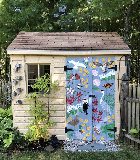 Latest project: a private commission to paint 18 birds & plants on these garden shed doors! Shed Painting Ideas, Garden Shed Doors, Shed Painting, Painted Garden Sheds, Small Garden Shed, Painted Shed, Outdoor Painting, Door Mural, Garden Mural