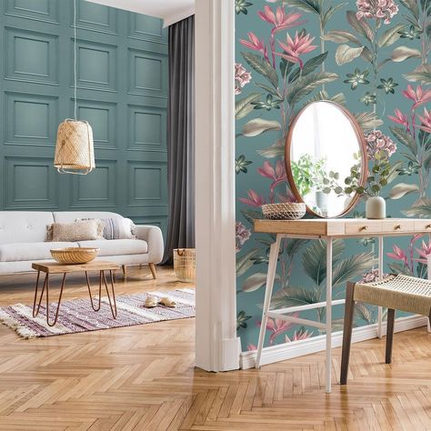 Belgravia Decor shared a post on Instagram: “💫 NEW Oliana Floral wallpaper and Oliana Panel wallpaper in SOFT TEAL 💫 Beautifully coordinated…” • Follow their account to see 225 posts. Teal 3d Wallpaper, Teal Wood, Panel Wallpaper, Large Scale Floral, Teal Wallpaper, Tropical Wallpaper, Luxury Wallpaper, Leaf Wallpaper, Wallpaper Online