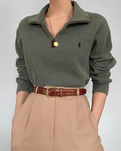 Voho Vintage on Instagram: "Favorite vintage Ralph Lauren sage pure cotton micro knit half zip sweater. Iconic pony embroidery at chest. Timeless style and amazing color. Online now, shop through link in bio.💚" Modern Work Outfits Women, Half Zip Pullover Outfit, Polo Sweater Outfit, Beige Trouser, Knit Half Zip, Pony Embroidery, Vest Outfits For Women, Half Zip Sweater, Buy List